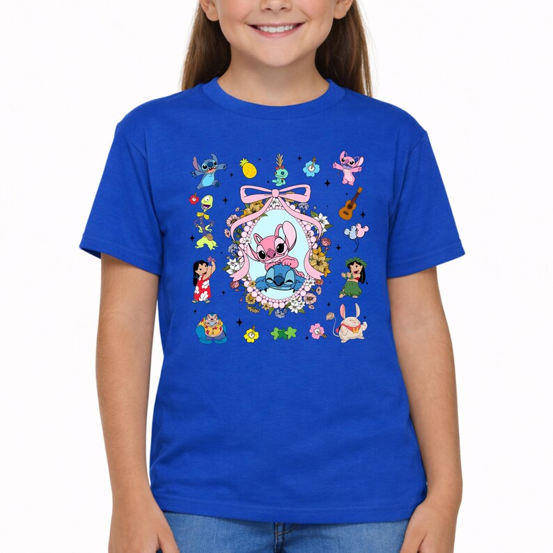Lilo and Stitch Shirt,Coquette Bow Stitch and Angel Tee,Disney Family Vacation Tee,Ohana Characters Hawaiian Tee,Cute Floral Disney Trip Tee