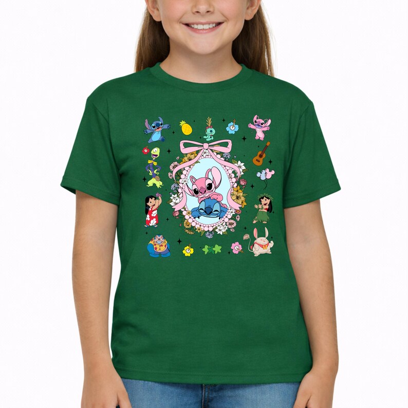 Lilo and Stitch Shirt,Coquette Bow Stitch and Angel Tee,Disney Family Vacation Tee,Ohana Characters Hawaiian Tee,Cute Floral Disney Trip Tee