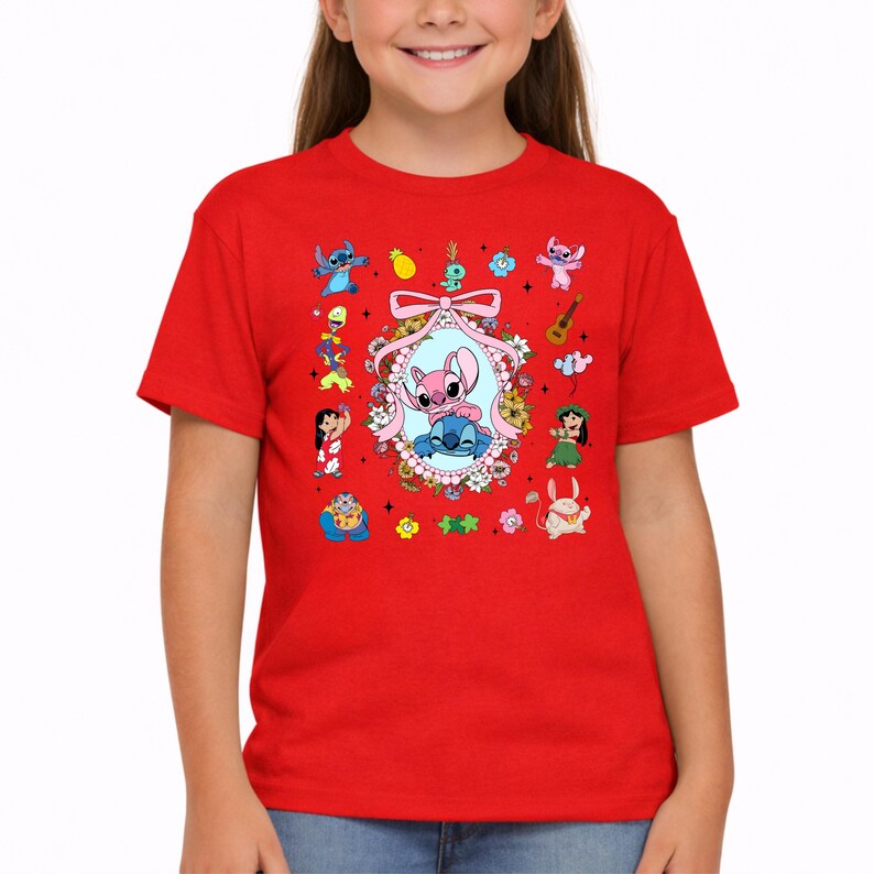 Lilo and Stitch Shirt,Coquette Bow Stitch and Angel Tee,Disney Family Vacation Tee,Ohana Characters Hawaiian Tee,Cute Floral Disney Trip Tee