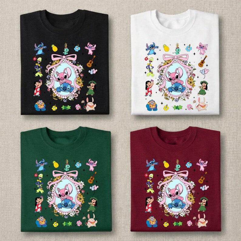 Lilo and Stitch Shirt,Coquette Bow Stitch and Angel Tee,Disney Family Vacation Tee,Ohana Characters Hawaiian Tee,Cute Floral Disney Trip Tee