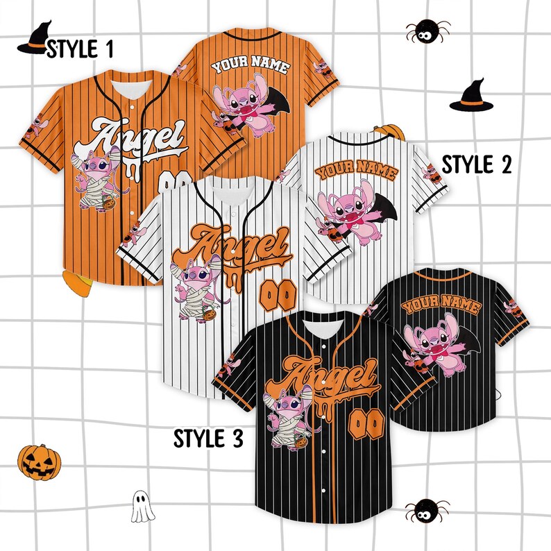 Custom Halloween Angel Stitch Baseball Jersey, Personalized Pink Halloween Shirt, Spooky Season Outfit, Magic Family Matching Jersey