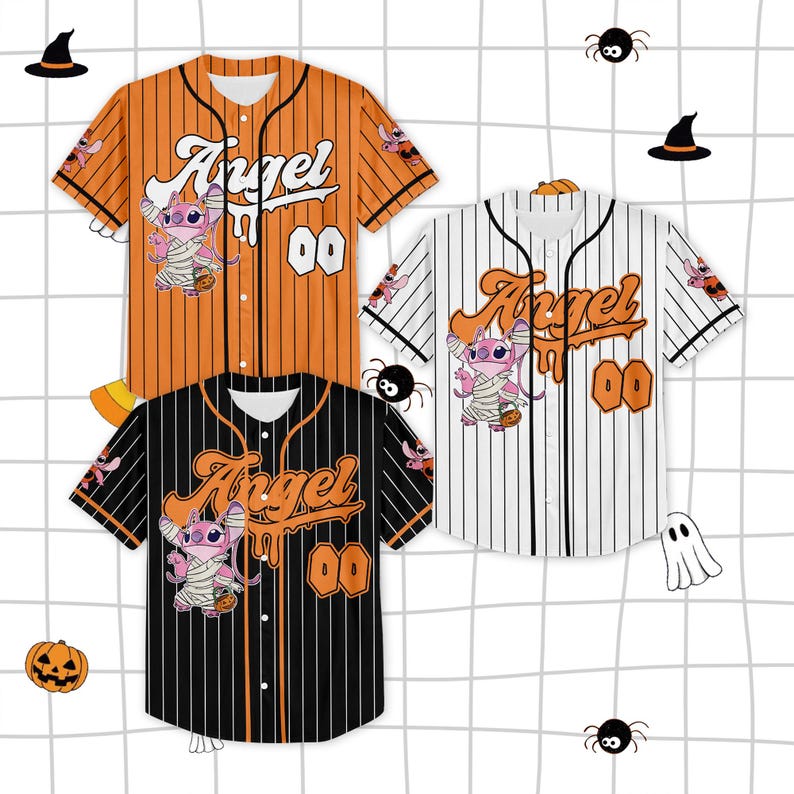 Custom Halloween Angel Stitch Baseball Jersey, Personalized Pink Halloween Shirt, Spooky Season Outfit, Magic Family Matching Jersey