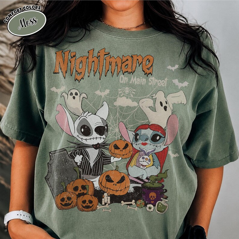 Retro Stitch Angel Halloween Shirt, Nightmare on Main Street Tee, Disney Stitch Jack Sally Couple, Comfort Colors Trick or Treat Party Shirt