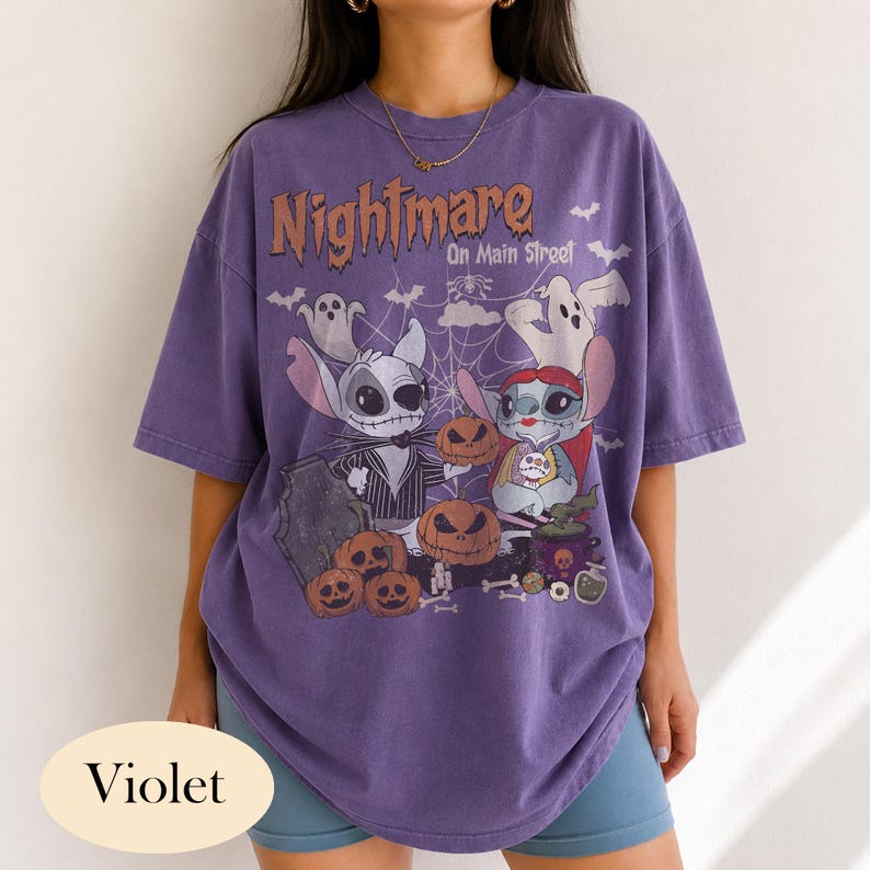 Retro Stitch Angel Halloween Shirt, Nightmare on Main Street Tee, Disney Stitch Jack Sally Couple, Comfort Colors Trick or Treat Party Shirt
