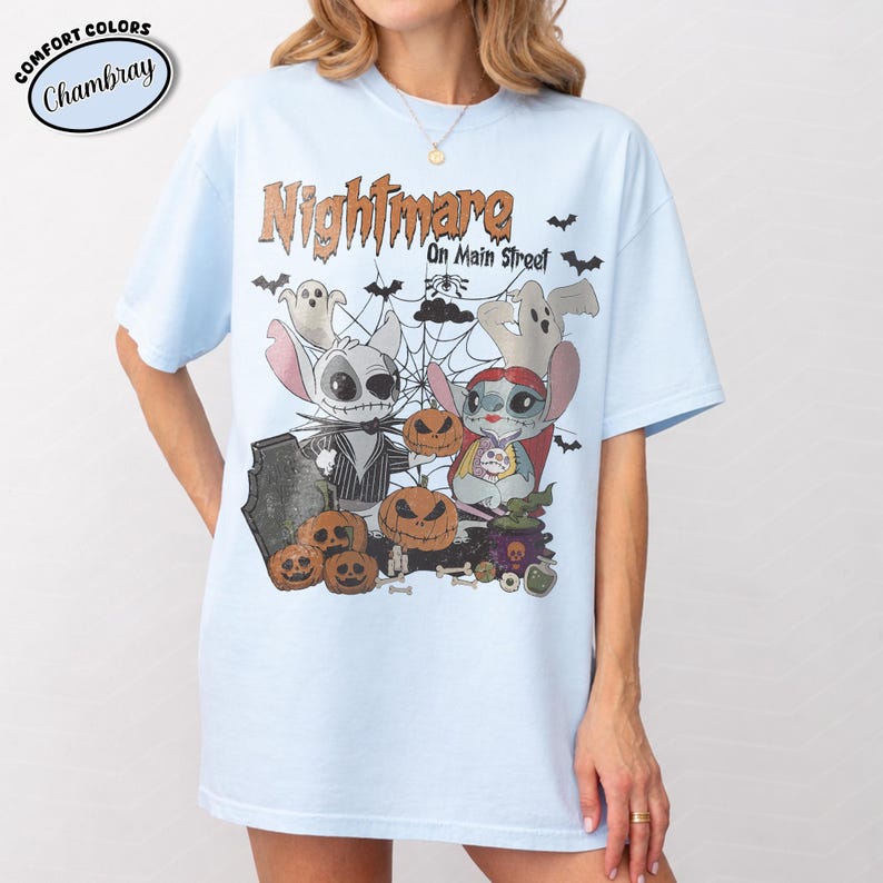 Retro Stitch Angel Halloween Shirt, Nightmare on Main Street Tee, Disney Stitch Jack Sally Couple, Comfort Colors Trick or Treat Party Shirt