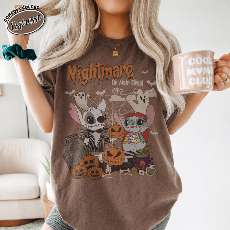 Retro Stitch Angel Halloween Shirt, Nightmare on Main Street Tee, Disney Stitch Jack Sally Couple, Comfort Colors Trick or Treat Party Shirt