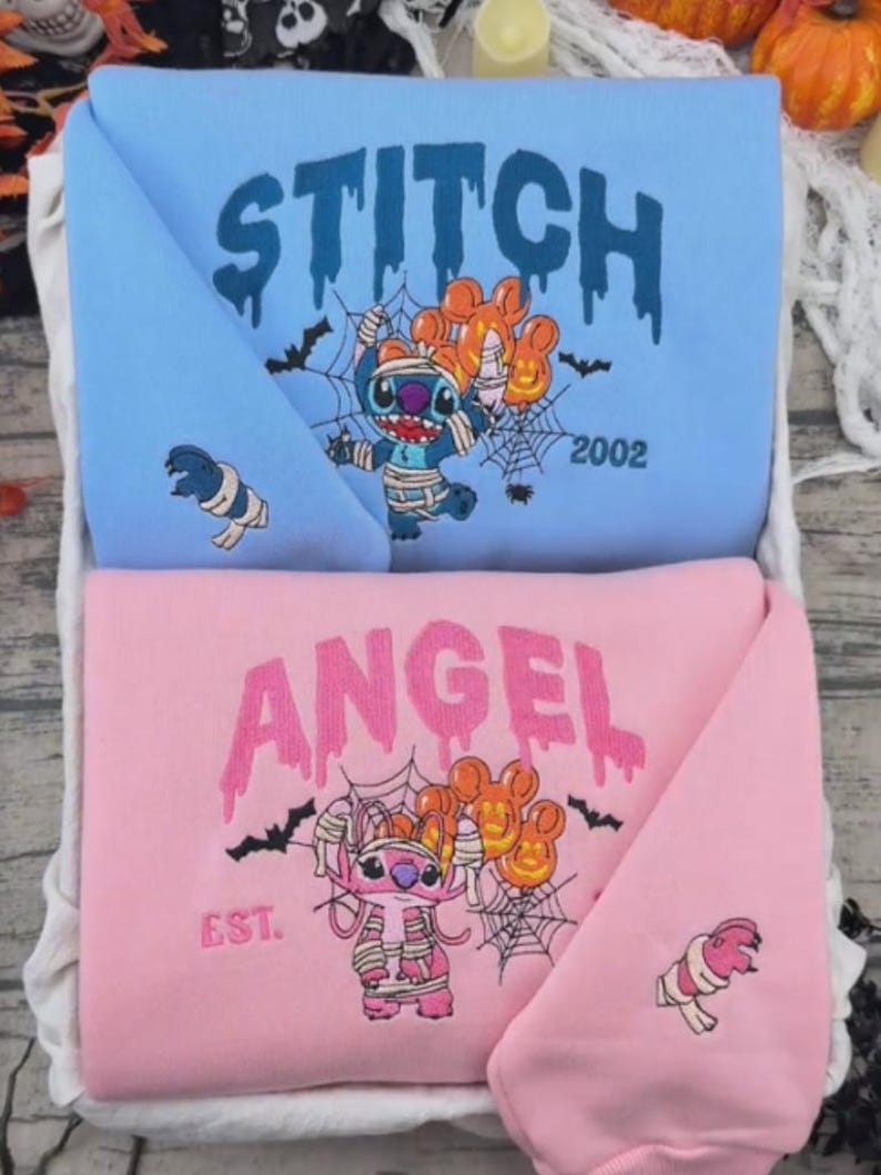 Disney Stitch and Angel Halloween Embroidered Sweatshirt, Stitch & Angel Spooky Shirt, Halloween Couple Matching Tee, Disney Halloween Gift