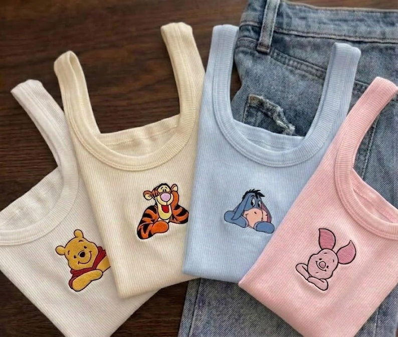 Custom Disney Winnie The Pooh Embroidered Tank Top, Pooh Tigger Piglet Eeyore Watercolor Shirt, Group Matching Disney Tee