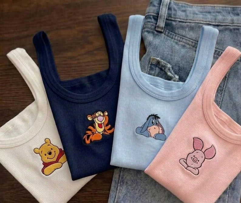 Custom Disney Winnie The Pooh Embroidered Tank Top, Pooh Tigger Piglet Eeyore Watercolor Shirt, Group Matching Disney Tee