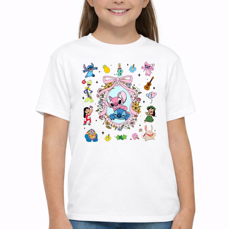 Lilo and Stitch Shirt,Coquette Bow Stitch and Angel Tee,Disney Family Vacation Tee,Ohana Characters Hawaiian Tee,Cute Floral Disney Trip Tee