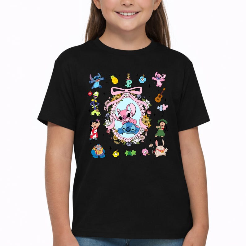 Lilo and Stitch Shirt,Coquette Bow Stitch and Angel Tee,Disney Family Vacation Tee,Ohana Characters Hawaiian Tee,Cute Floral Disney Trip Tee