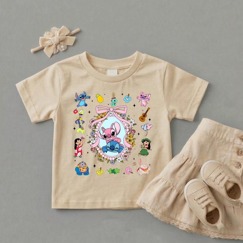 Lilo and Stitch Shirt,Coquette Bow Stitch and Angel Tee,Disney Family Vacation Tee,Ohana Characters Hawaiian Tee,Cute Floral Disney Trip Tee
