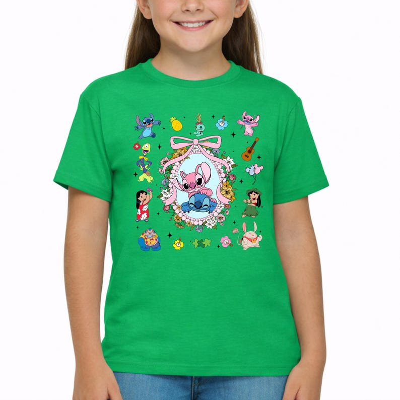Lilo and Stitch Shirt,Coquette Bow Stitch and Angel Tee,Disney Family Vacation Tee,Ohana Characters Hawaiian Tee,Cute Floral Disney Trip Tee