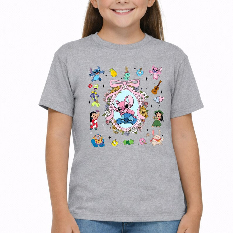 Lilo and Stitch Shirt,Coquette Bow Stitch and Angel Tee,Disney Family Vacation Tee,Ohana Characters Hawaiian Tee,Cute Floral Disney Trip Tee