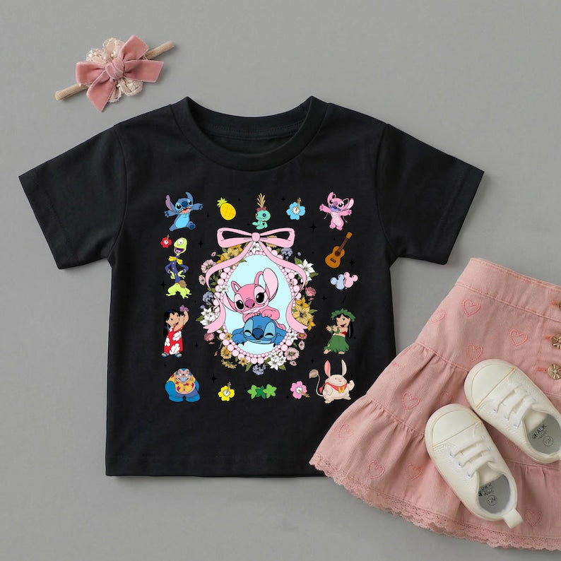 Lilo and Stitch Shirt,Coquette Bow Stitch and Angel Tee,Disney Family Vacation Tee,Ohana Characters Hawaiian Tee,Cute Floral Disney Trip Tee