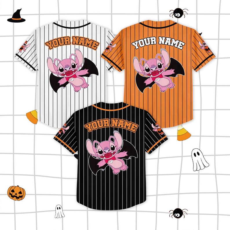 Custom Halloween Angel Stitch Baseball Jersey, Personalized Pink Halloween Shirt, Spooky Season Outfit, Magic Family Matching Jersey