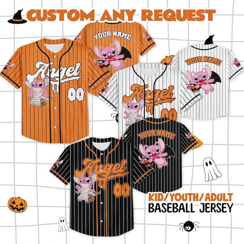 Custom Halloween Angel Stitch Baseball Jersey, Personalized Pink Halloween Shirt, Spooky Season Outfit, Magic Family Matching Jersey