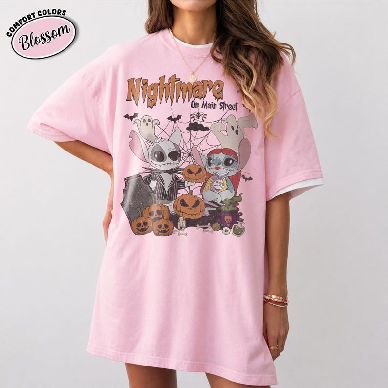 Retro Stitch Angel Halloween Shirt, Nightmare on Main Street Tee, Disney Stitch Jack Sally Couple, Comfort Colors Trick or Treat Party Shirt