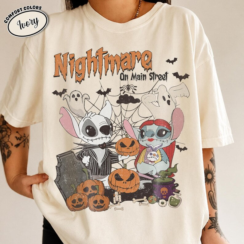 Retro Stitch Angel Halloween Shirt, Nightmare on Main Street Tee, Disney Stitch Jack Sally Couple, Comfort Colors Trick or Treat Party Shirt
