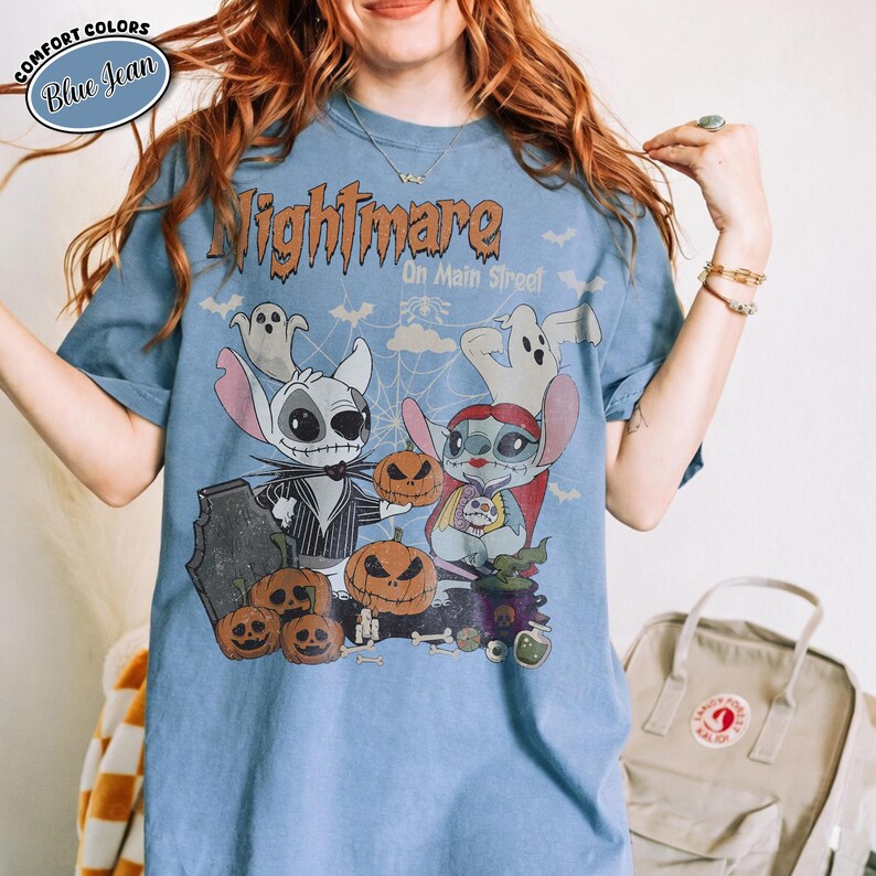 Retro Stitch Angel Halloween Shirt, Nightmare on Main Street Tee, Disney Stitch Jack Sally Couple, Comfort Colors Trick or Treat Party Shirt
