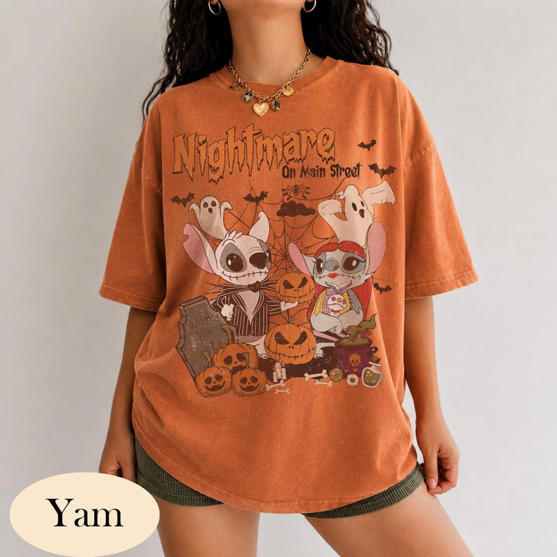 Retro Stitch Angel Halloween Shirt, Nightmare on Main Street Tee, Disney Stitch Jack Sally Couple, Comfort Colors Trick or Treat Party Shirt