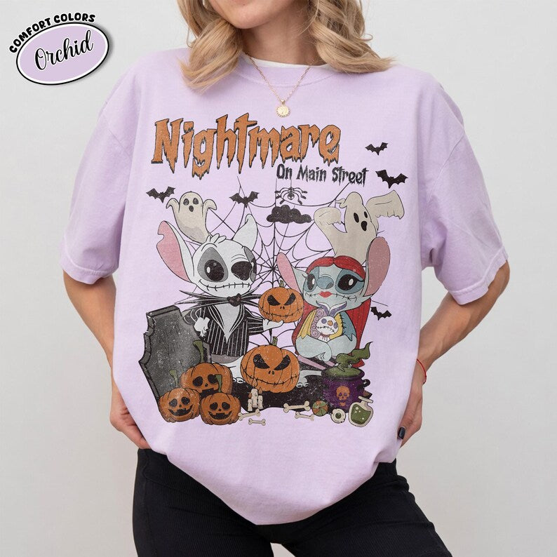 Retro Stitch Angel Halloween Shirt, Nightmare on Main Street Tee, Disney Stitch Jack Sally Couple, Comfort Colors Trick or Treat Party Shirt