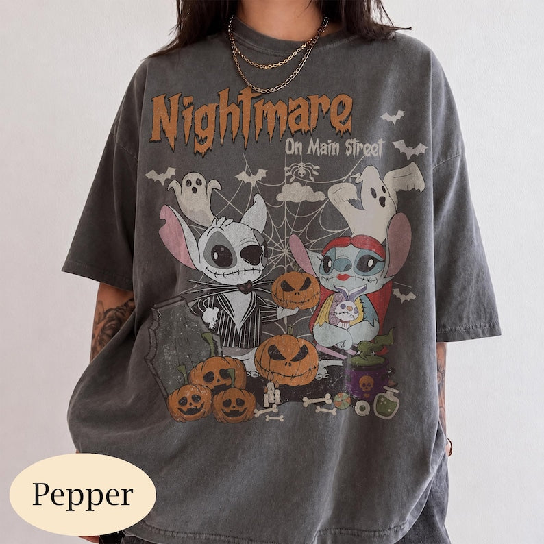 Retro Stitch Angel Halloween Shirt, Nightmare on Main Street Tee, Disney Stitch Jack Sally Couple, Comfort Colors Trick or Treat Party Shirt
