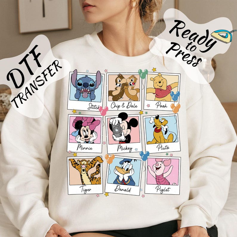 Disney Character DTF Transfer, Polaroid Friends Collage Ready to Press Heat Transfer for Sweatshirts and Disney Trip Shirts, Mickey Minnie