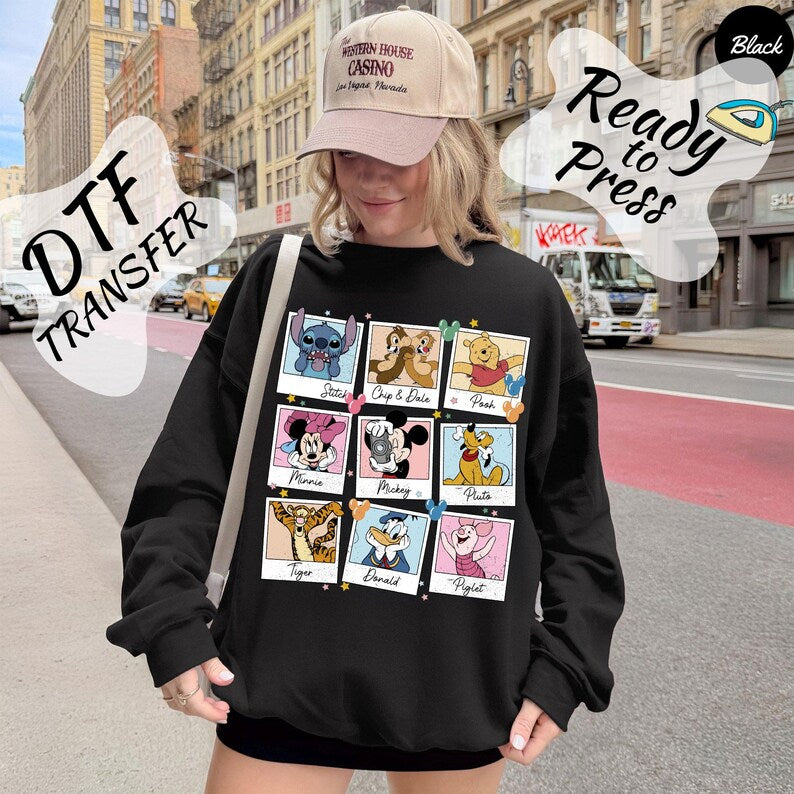 Disney Character DTF Transfer, Polaroid Friends Collage Ready to Press Heat Transfer for Sweatshirts and Disney Trip Shirts, Mickey Minnie