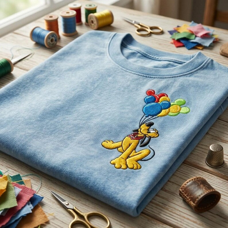 Pluto Mickey Balloons Embroidered Washed Tee, Doglover Gift Shirt, Family Disney shirts, Disneyland Vacation Shirt, Retro Disney Park Outfit