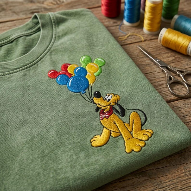 Pluto Mickey Balloons Embroidered Washed Tee, Doglover Gift Shirt, Family Disney shirts, Disneyland Vacation Shirt, Retro Disney Park Outfit