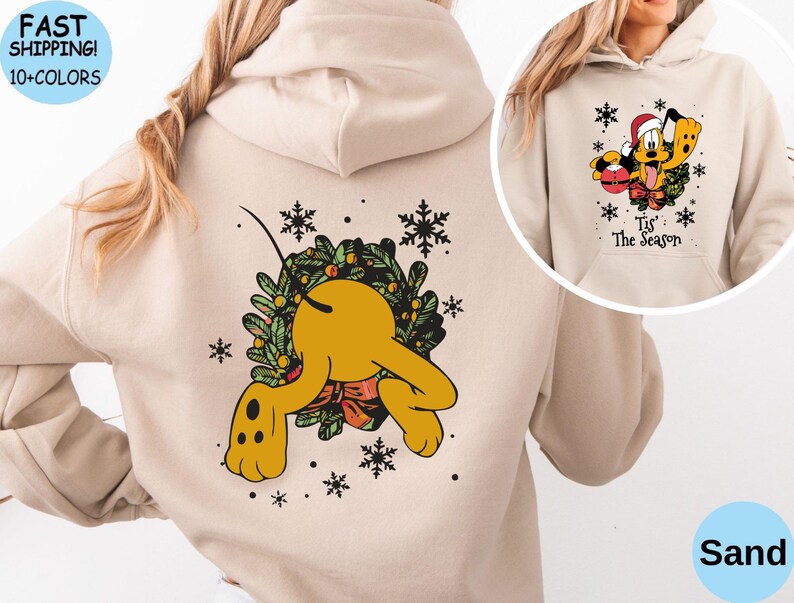 Pluto Tis' The Season Christmas T-Shirt, Two sided Disney Xmas Vacation shirt, Mickey's and Friends Very Merry Christmas Party Sweatshirt