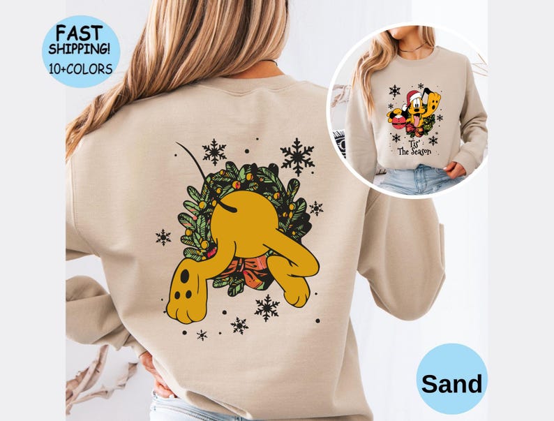Pluto Tis' The Season Christmas T-Shirt, Two sided Disney Xmas Vacation shirt, Mickey's and Friends Very Merry Christmas Party Sweatshirt