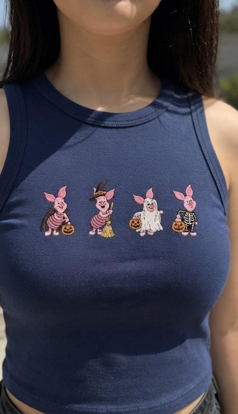Embroidered Piglet Halloween Tank Top, Ghost Piglet Shirt, Disney Halloween Party Outfit, Spooky Season Park Day Tank