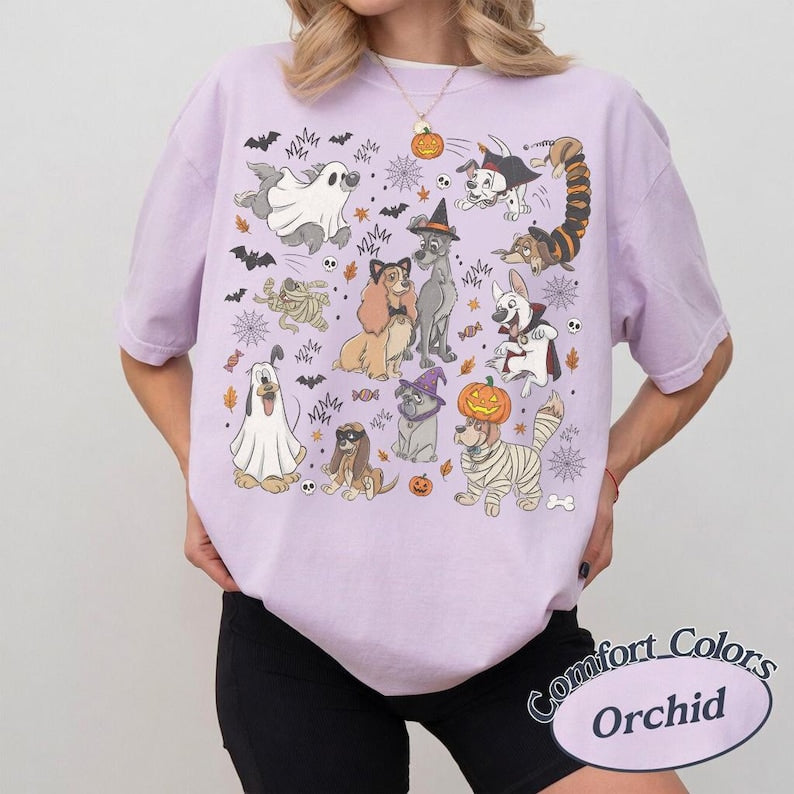 Comfort Colors Disney Dogs Group Halloween Witch T-Shirt, Lady and the Tramp Pluto Dalmatian Slinky Halloween Shirt, Disneyland Trip Shirt