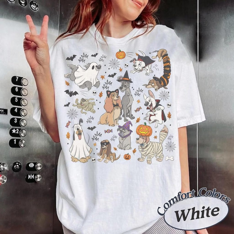 Comfort Colors Disney Dogs Group Halloween Witch T-Shirt, Lady and the Tramp Pluto Dalmatian Slinky Halloween Shirt, Disneyland Trip Shirt