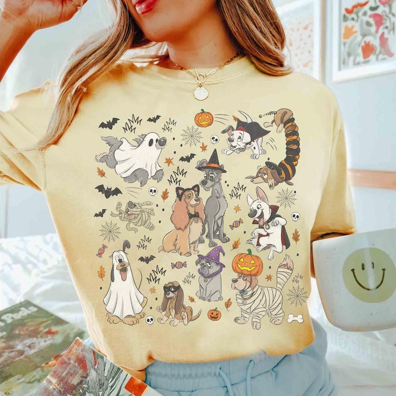 Comfort Colors Disney Dogs Group Halloween Witch T-Shirt, Lady and the Tramp Pluto Dalmatian Slinky Halloween Shirt, Disneyland Trip Shirt