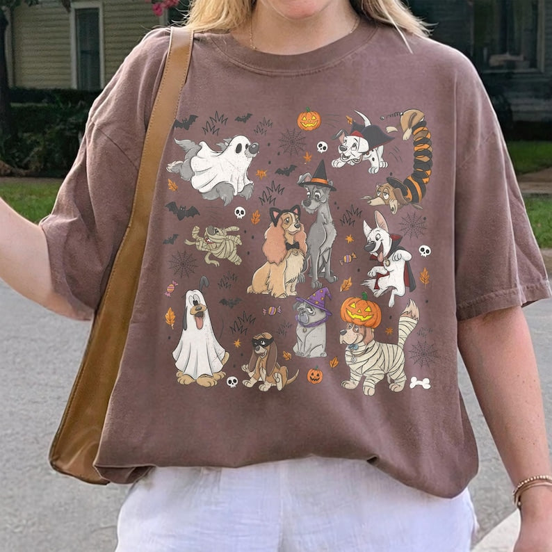 Comfort Colors Disney Dogs Group Halloween Witch T-Shirt, Lady and the Tramp Pluto Dalmatian Slinky Halloween Shirt, Disneyland Trip Shirt