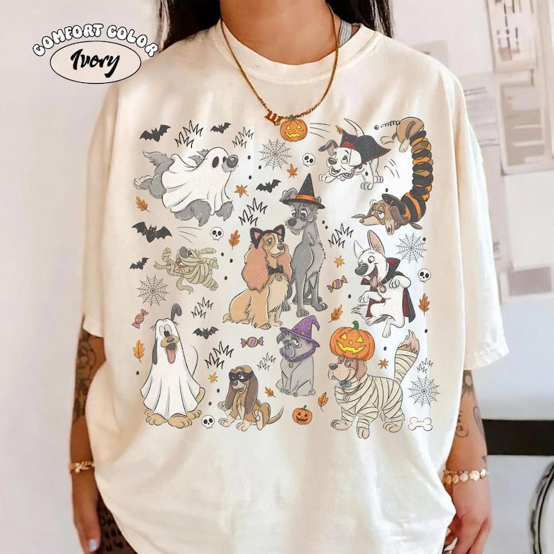 Comfort Colors Disney Dogs Group Halloween Witch T-Shirt, Lady and the Tramp Pluto Dalmatian Slinky Halloween Shirt, Disneyland Trip Shirt