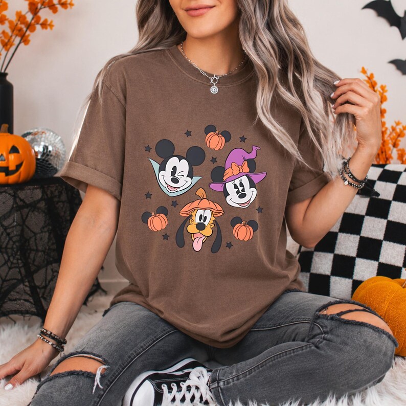Comfort Colors Mickey Mouse Halloween Shirt Minnie Witch Pluto Pumpkin Spooky Season Family Vacation Tee Disney Halloween Party T-Shirt