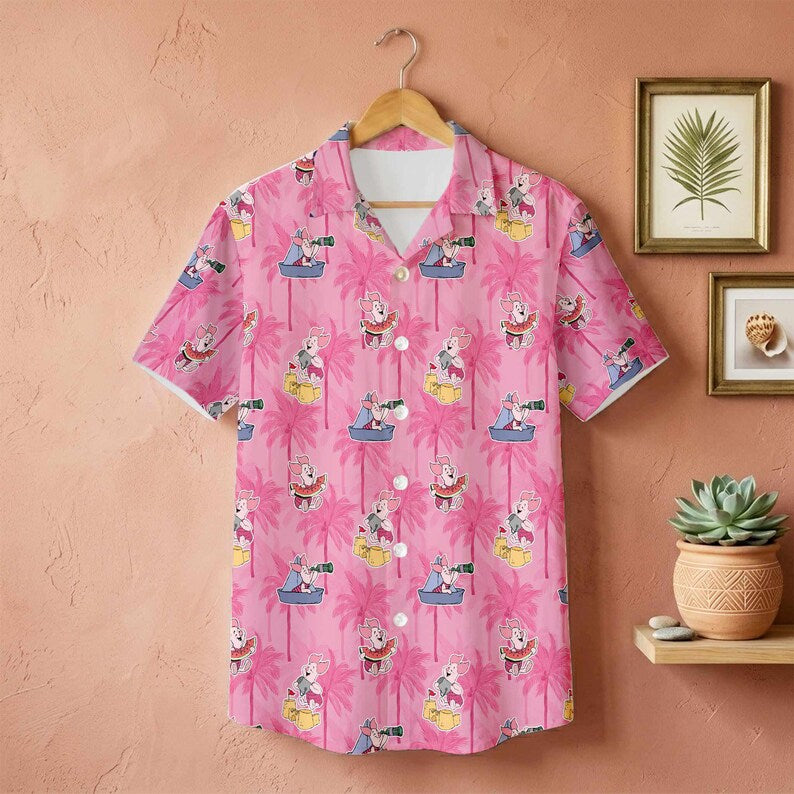 Disney Piglet Hawaiian Shirt, Piglet Aloha Shirt, Winnie the Pooh Vacation Shirt, Disney Family Trip Button Up, Tropical Beach Shirt