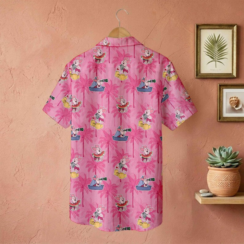 Disney Piglet Hawaiian Shirt, Piglet Aloha Shirt, Winnie the Pooh Vacation Shirt, Disney Family Trip Button Up, Tropical Beach Shirt