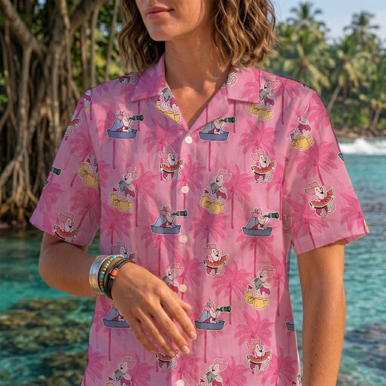 Disney Piglet Hawaiian Shirt, Piglet Aloha Shirt, Winnie the Pooh Vacation Shirt, Disney Family Trip Button Up, Tropical Beach Shirt