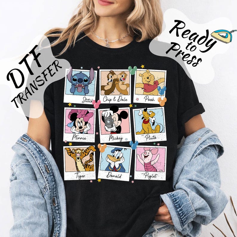 Disney Character DTF Transfer, Polaroid Friends Collage Ready to Press Heat Transfer for Sweatshirts and Disney Trip Shirts, Mickey Minnie