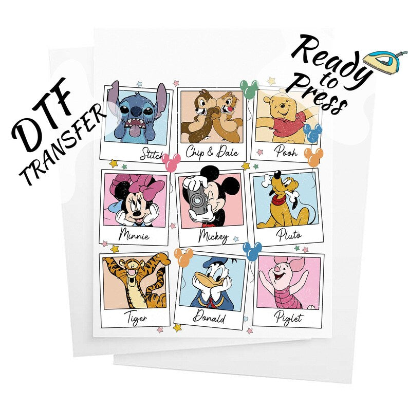 Disney Character DTF Transfer, Polaroid Friends Collage Ready to Press Heat Transfer for Sweatshirts and Disney Trip Shirts, Mickey Minnie