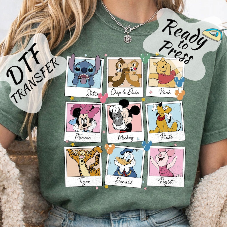 Disney Character DTF Transfer, Polaroid Friends Collage Ready to Press Heat Transfer for Sweatshirts and Disney Trip Shirts, Mickey Minnie