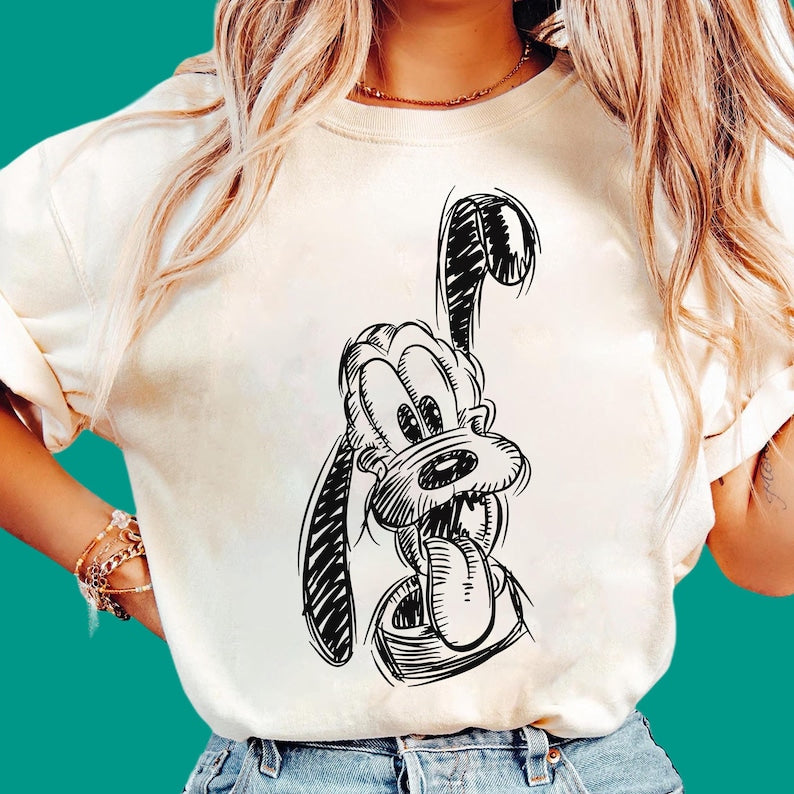 Disney Pluto Sketch Portrait Poster T-Shirt | Disney Mickey and Friends Shirt | Disneyland Trip Family Matching Outfits R470