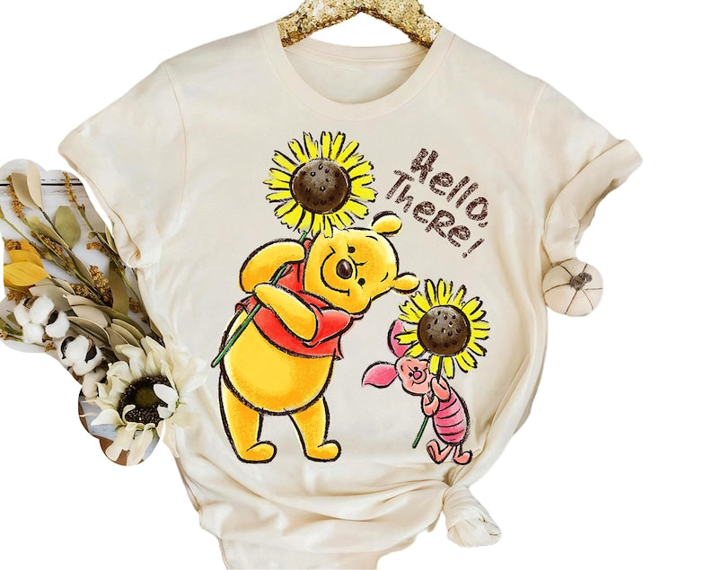 Disney Winnie The Pooh & Piglet Hello There! Sunflowers shirt | Disneyland Family Vacation Trip Gift shirt | Unisex Adult Kids Shirt R618