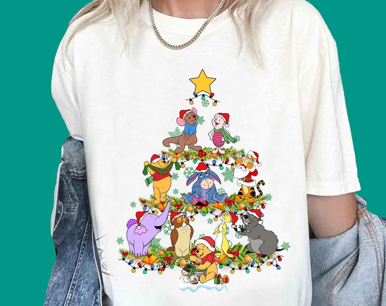 Disney Winnie The Pooh Christmas Tree T-shirt | Winnie The Pooh Christmas Lights Tee | Tigger Eeyore Piglet | Unisex Adult Kids Shirt R620