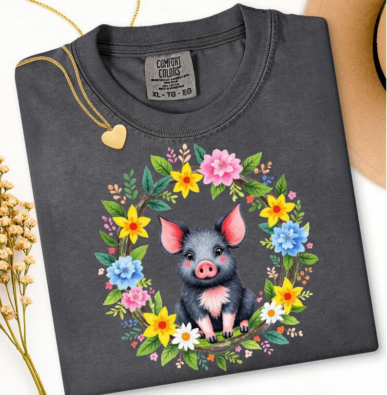 Botanical Wreath Tshirt Pig Floral Boho Tee Pig Mama Gift Shirt Animal Lover Pig Gift For Her Flower Whimsical Piglet Tee Pig Mom Birthday